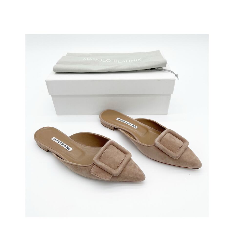 Manolo Blahnik Maysale Nude Neutral Suede Buckle Pointed Toe Mule Flats IT 39.5